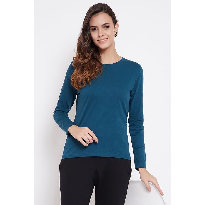 

Clovia Chic Basic Sleep Top in Dark Blue - Cotton - LT0152P36, Teal
