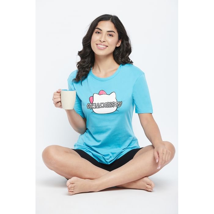 

Clovia Hello Kitty Text & Graphic Print Sleep Top in Sky Blue - 100% Cotton - LT0153D03, Light blue