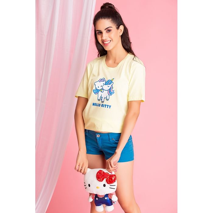 

Clovia Hello Kitty Text & Graphic Print Sleep T-shirt in Light Yellow - 100% Cotton - LT0153P02