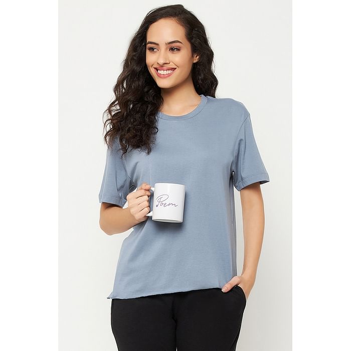 

Clovia Chic Basic Top in Powder Blue - 100% Cotton - LT0158P03, Light blue