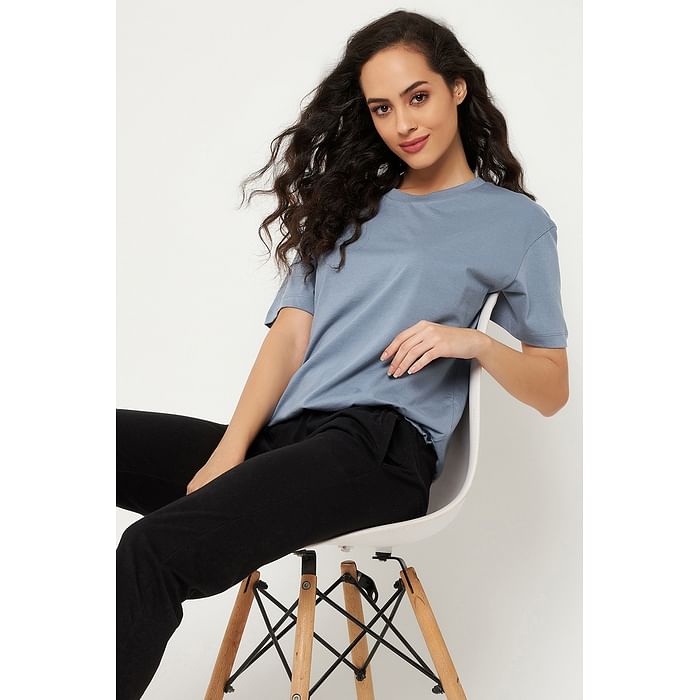 

Clovia Chic Basic Top in Powder Blue - 100% Cotton - LT0159P03, Light blue