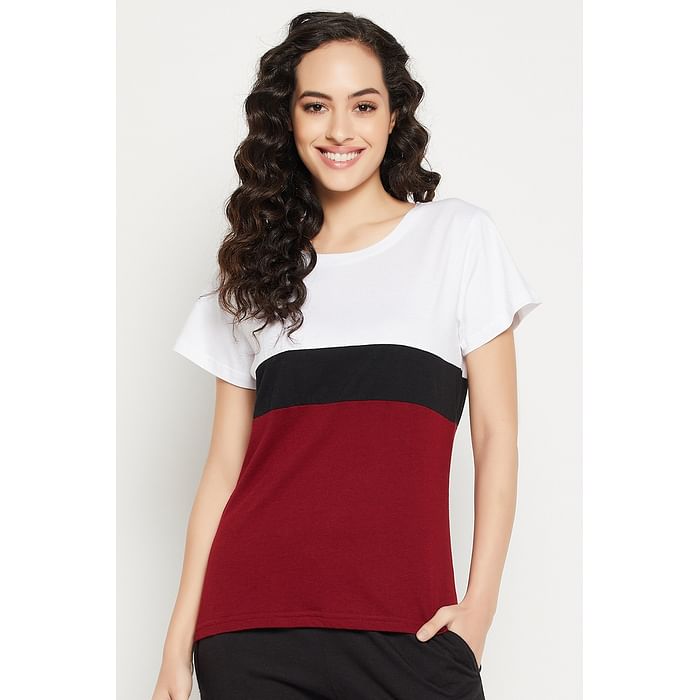 

Clovia Colourblocked T-shirt in Maroon - 100% Cotton - LT0161P09