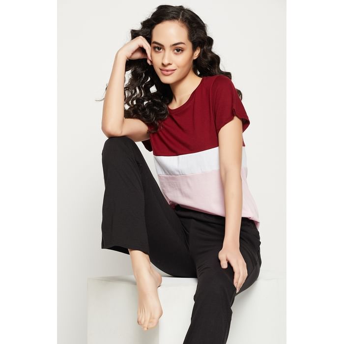 

Clovia Colourblocked T-shirt in Soft Pink - 100% Cotton - LT0161P22, Light pink