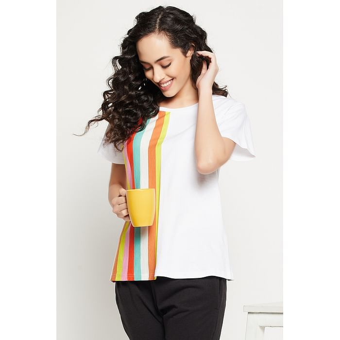 

Clovia Sassy Stripes T-shirt in White - 100% Cotton - LT0162P18