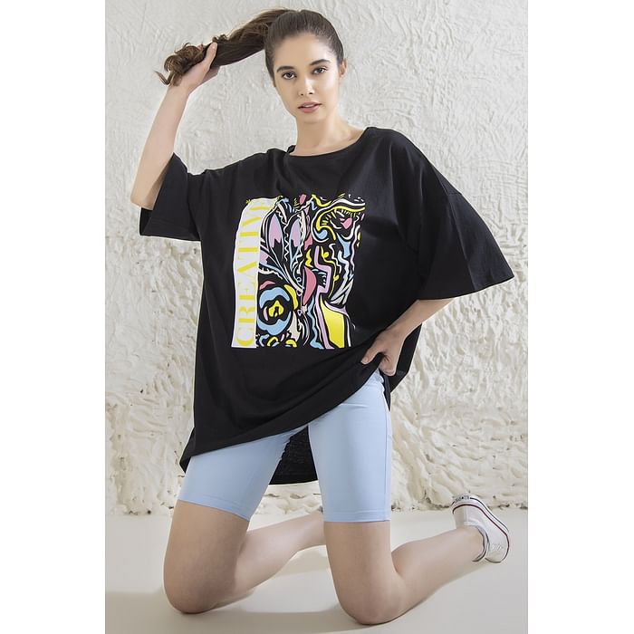 

Clovia Graphic & Text Print Oversized T-shirt in Black - 100% Cotton - LT0166A13