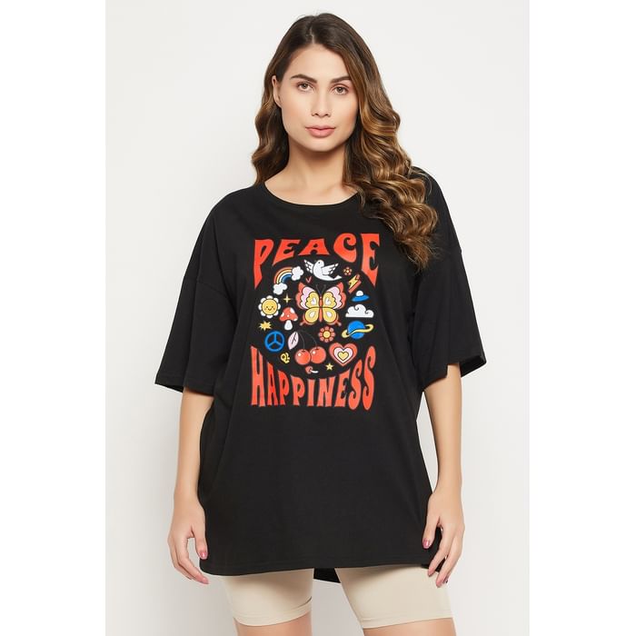 

Clovia Graphic & Text Print Oversized T-shirt in Black - 100% Cotton - LT0166D13