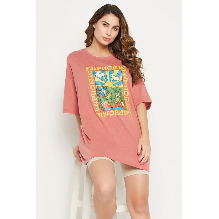 

Clovia Text & Graphic Print Oversized T-shirt in Peach Colour - 100% Cotton - LT0166D16