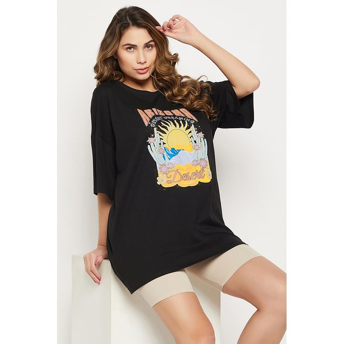 

Clovia Graphic & Text Print Oversized T-shirt in Black - 100% Cotton - LT0166F13