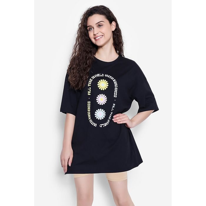 

Clovia Graphic & Text Print Oversized T-shirt in Black - 100% Cotton - LT0166G13