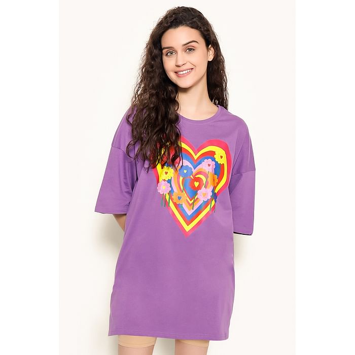 

Clovia Graphic Print Oversized T-shirt in Lavender - 100% Cotton - LT0166P12