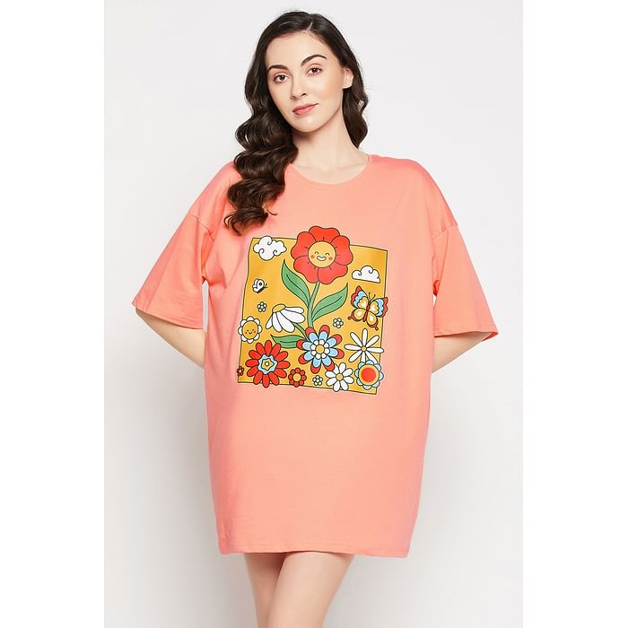 

Clovia Graphic Print Oversized T-shirt in Peach Colour - 100% Cotton - LT0166P34