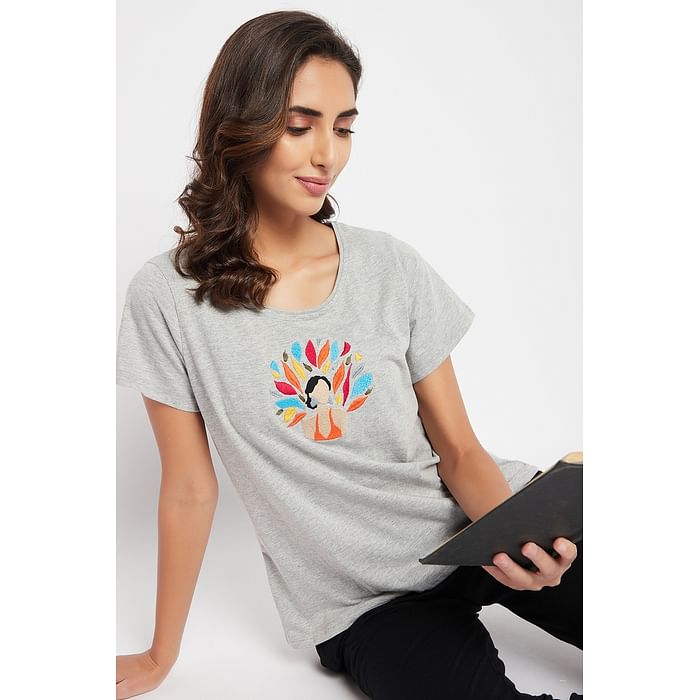 

Clovia Chic Basic Graphic Embroidered Top in Light Grey - 100% Cotton - LT0170P01