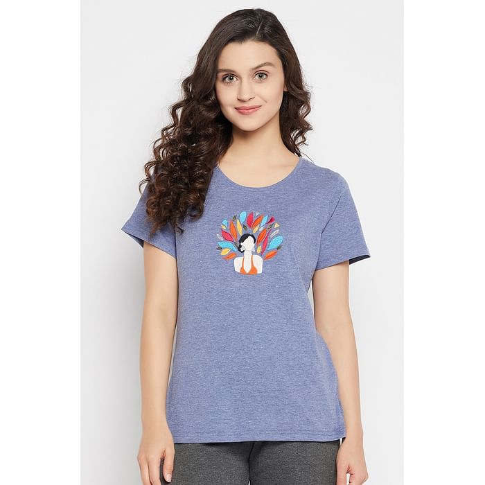 

Clovia Graphic Embroidered Top in Navy - 100% Cotton - LT0170P08