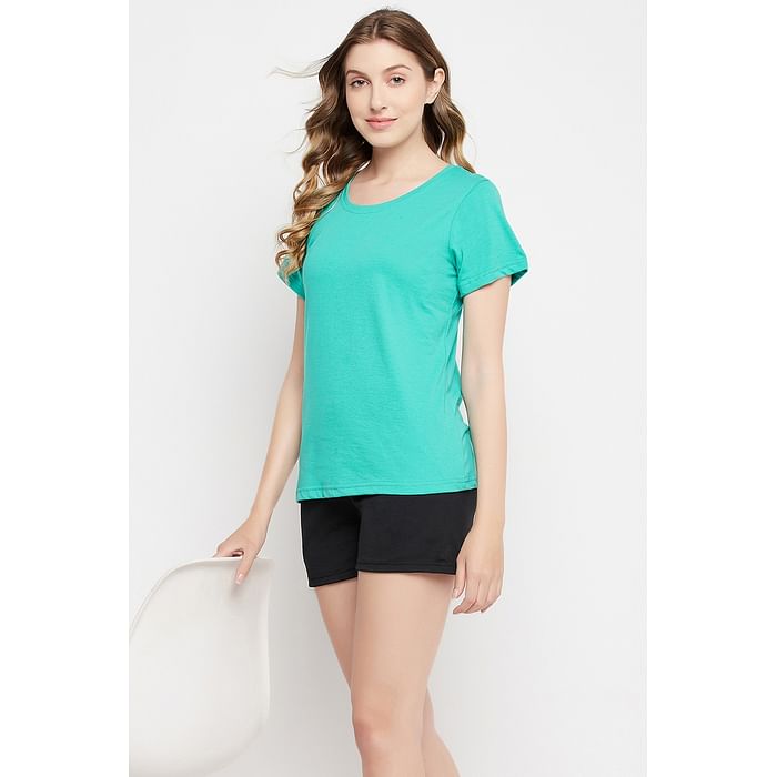 

Clovia Chic Basic Top in Turquoise Blue - 100% Cotton - LT5201P11