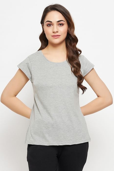 

Clovia Chic Basic T-shirt in Grey Melange - 100% Cotton - LT5202P01