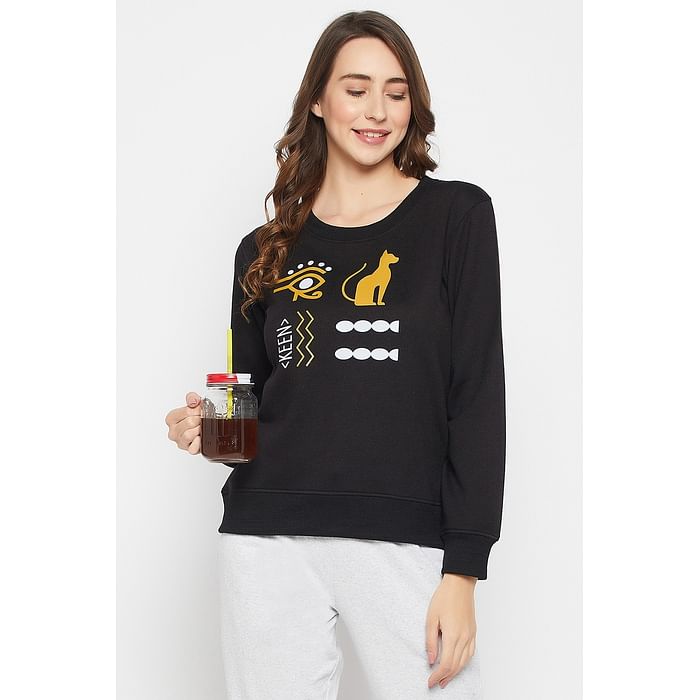 

Clovia Graphic Print Sweatshirt in Black - Fleece - LTW164A13