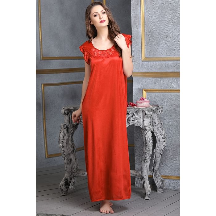 

Clovia Satin Night Dress with Lace Neckline - NSM282P04, Red