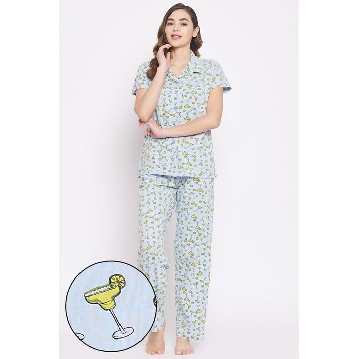 

Clovia Margarita Glass Print Button Down Shirt & Pyjamas Set in Powder Blue - 100% Cotton - LS0025R03, Light blue