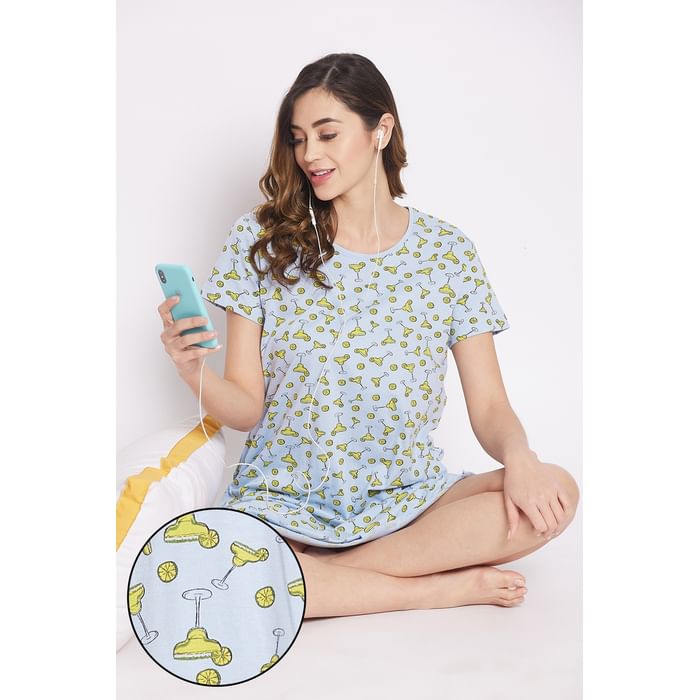 

Clovia Margarita Print Short Night Dress in Light Blue - 100% Cotton - NS1416R03