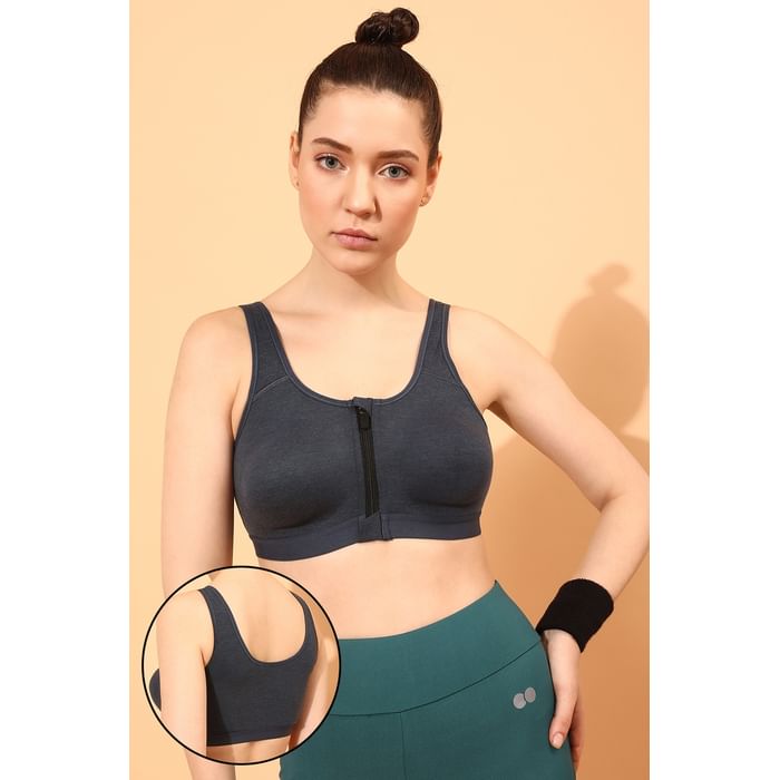

Clovia High Impact Non-Padded Spacer Cup Active Sports Bra in Navy with Front Zipper - Cotton - BRS021P08