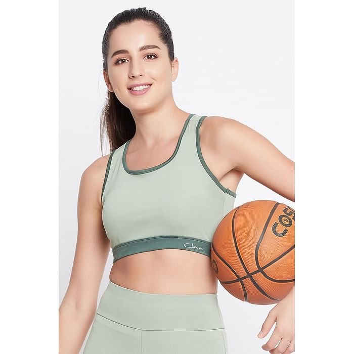 

Clovia Medium Impact Non-Wired Racerback Sports Bra in Sage Green with Removable Pads - BR2084Q11, Light green