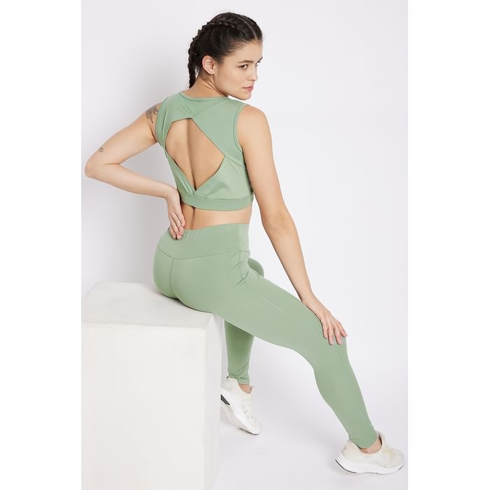 

Clovia Medium Impact Non-Wired Sports Bra & High Rise Tights in Sage Green - ASC042S11, Light green