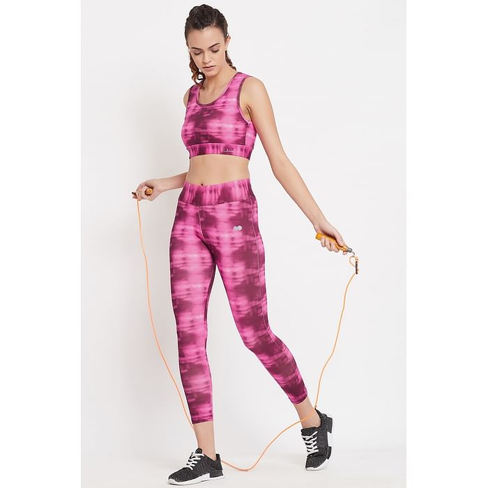 

Clovia Medium Impact Padded Abstract Print Sports Bra & Ankle-Length Tights in Pink - ASC042P22, Light pink