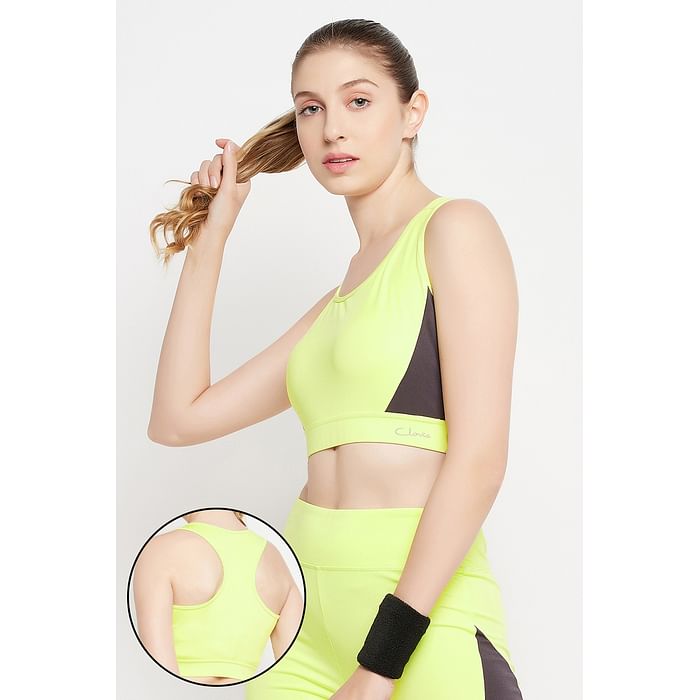 

Clovia Medium Impact Padded Active Racerback Sports Bra in Neon Yellow - BRS047P02, Light yellow