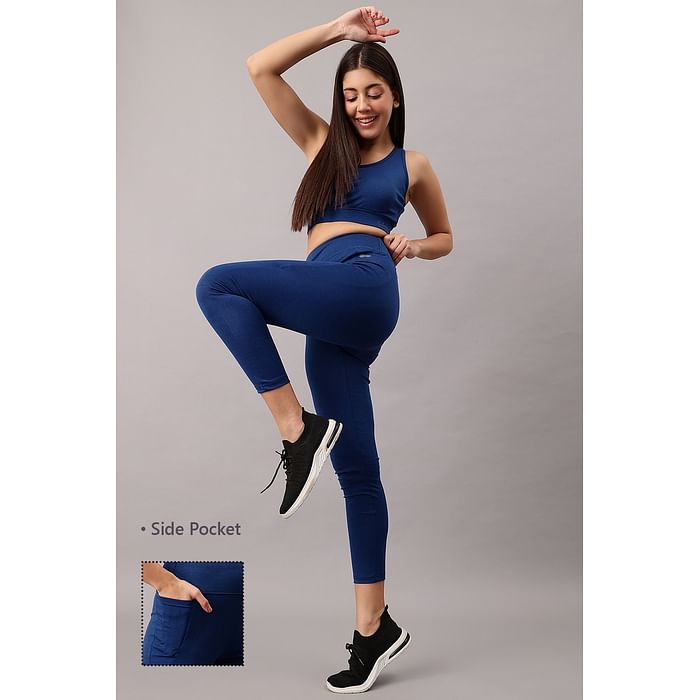 

Clovia Medium Impact Padded Active Sports Bra & High Rise Active Tights with Side Pocket in Navy - ASC041A08