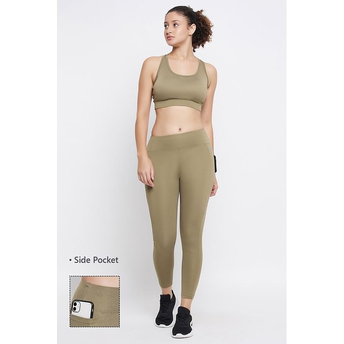 

Clovia Medium Impact Padded Active Sports Bra & High Rise Active Tights with Side Pocket in Olive Green - ASC060P17, Dark green