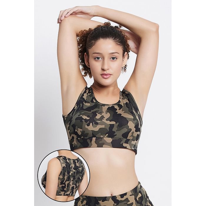 

Clovia Medium Impact Padded Camouflage Print Active Sports Bra in Green - BRS046D17, Dark green