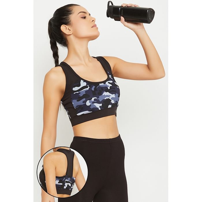 

Clovia Medium Impact Padded Camouflage Print Racerback Sports Bra in Blue - BR2188P08, Navy