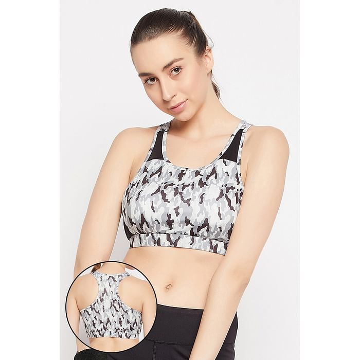 

Clovia Medium Impact Padded Camouflage Print Racerback Sports Bra in White - BRS047P18