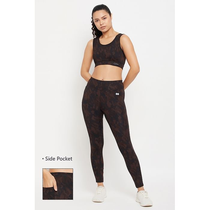 

Clovia Medium Impact Padded Camouflage Print Sports Bra & High Rise Pocket Tights in Brown - ASC046D06
