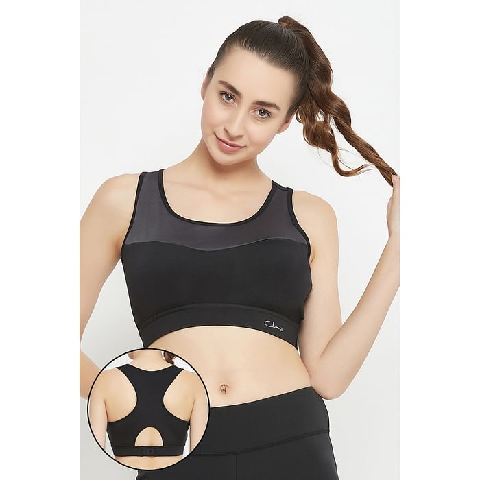 

Clovia Medium Impact Padded Colourblocked Racerback Sports Bra in Black - BRS048P13
