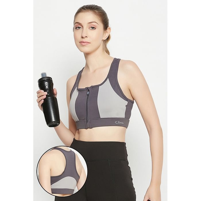 

Clovia Medium Impact Padded Colourblocked Racerback Sports Bra in Dark Grey with Front Zipper - BRS051P05