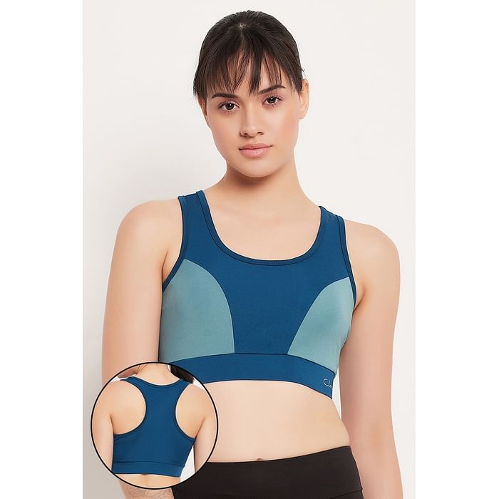 

Clovia Medium Impact Padded Colourblocked Racerback Sports Bra in Teal Blue - BRS050P36