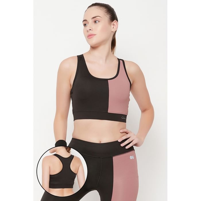 

Clovia Medium Impact Padded Colourblocked Sports Bra with Removable Cups in Black - BR2187B13