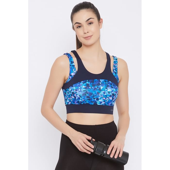 

Clovia Medium Impact Padded Geometric Print Racerback Sports Bra in Blue - BR2159A08, Navy