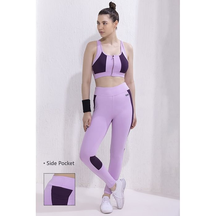 

Clovia Medium Impact Padded Front Zipper Sports Bra & Active Tights with Side Pockets in Wine Colour - ASC051P15