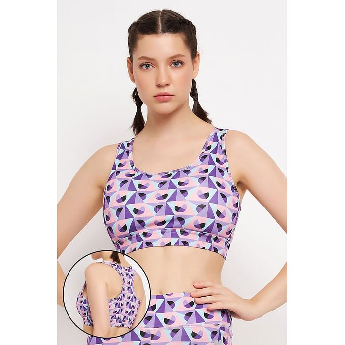 

Clovia Medium Impact Padded Geometric Print Racerback Active Sports Bra in Purple with Removable Cups - BRS046A12, Lavender