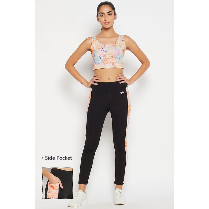 

Clovia Medium Impact Padded Marble Print Active Sports Bra in Multicolour & High Rise Active Tights in Black with Printed Panels - ASC113A13