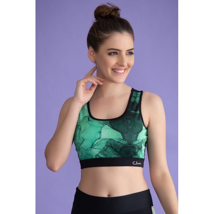 

Clovia Medium Impact Padded Marble Print T-shirt Sports Bra in Green - BR2069A17, Dark green