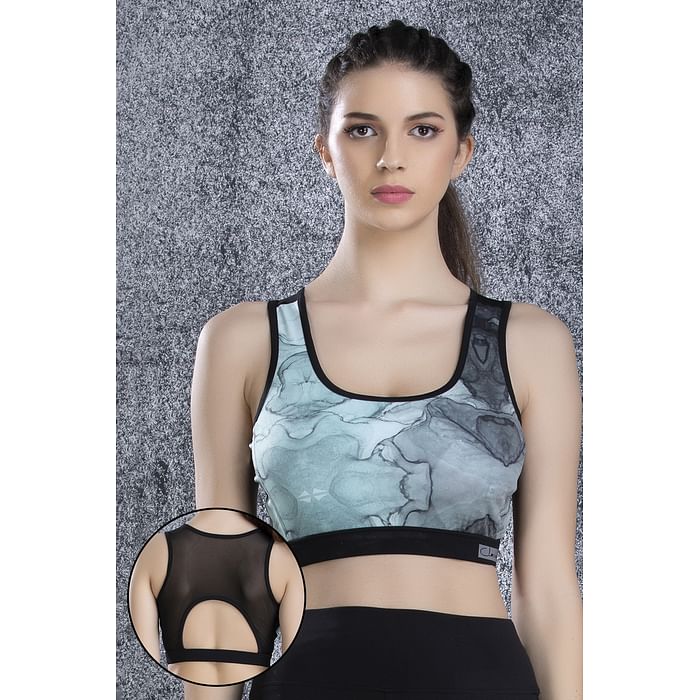 

Clovia Medium Impact Padded Marble Print T-shirt Sports Bra in White - BR2069A18