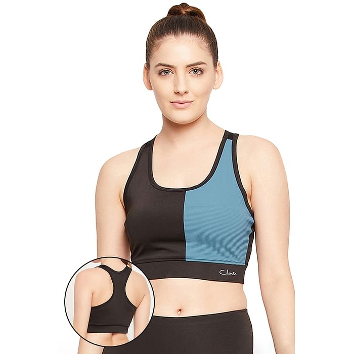 

Clovia Medium Impact Padded Non-Wired Colourblock Sports Bra in Black with Removable Cups - BR2187A13