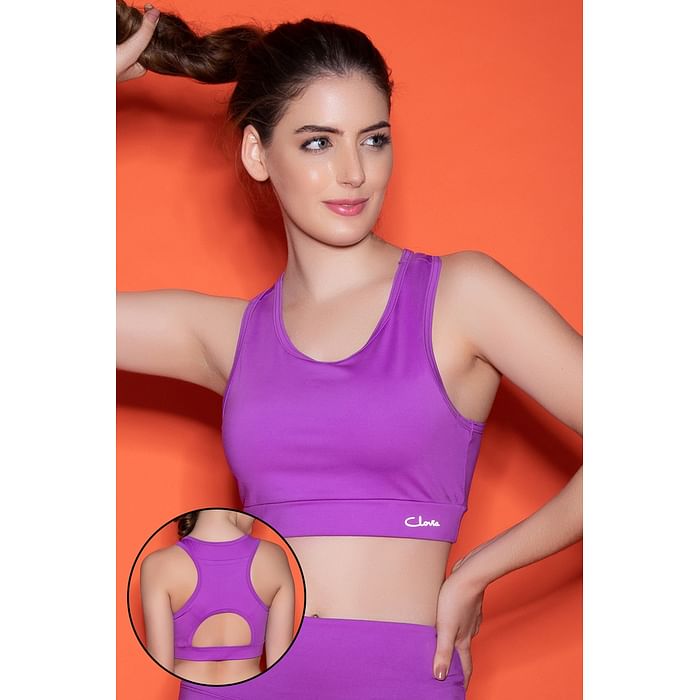 

Clovia Medium Impact Padded Non-Wired Full Cup Sports Bra in Neon Purple with Removable Cups - BRS020P15