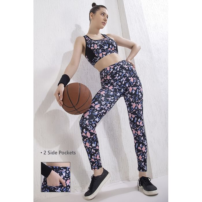 

Clovia Medium Impact Padded Sports Bra & Snug Fit High-Rise Abstract Print Active Tights in Navy - ASC048F08