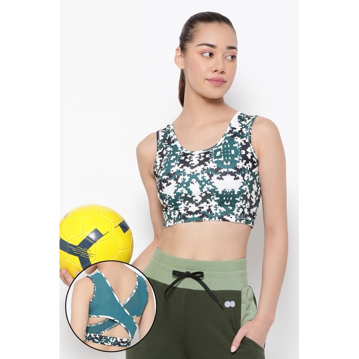 

Clovia Medium Impact Padded Non-Wired Printed Sports Bra in Dark Grey with Removable Pads - BR2054P05