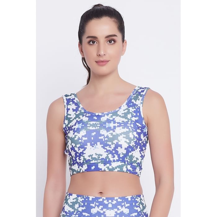 

Clovia Medium Impact Padded Non-Wired Printed Sports Bra in Light Blue with Removable Pads - BR2054A03