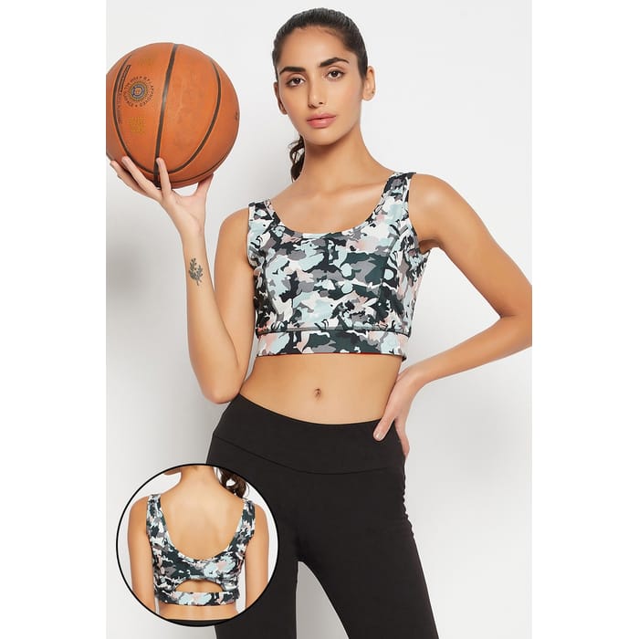 

Clovia Medium Impact Padded Non-Wired Camouflage Print Sports Bra in Light Grey - BRS026D01